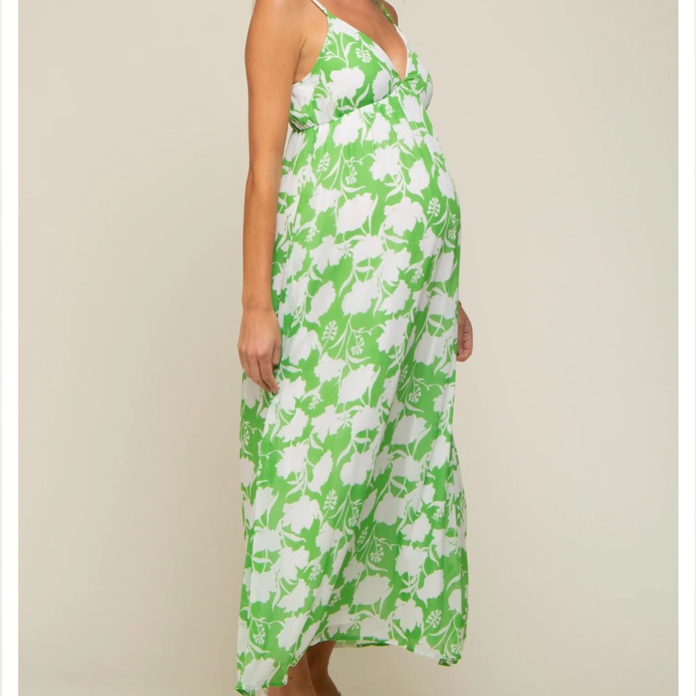 PinkBlush- Green Floral Chiffon Deep V-Neck Sleeveless Maternity Maxi Dress